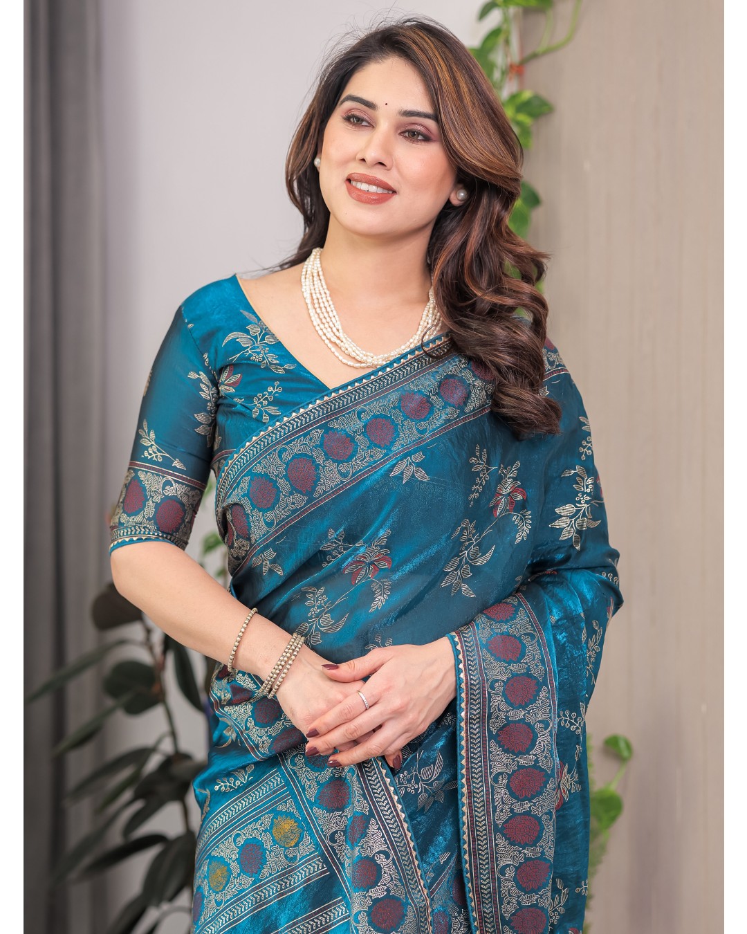 Fendi Satin Block & Foil Print Saree with Floral Motifs, Attached Blouse & Tassel Pallu (Pack of 1)