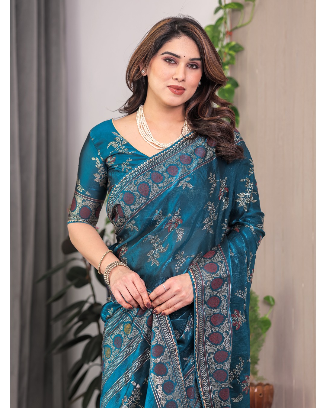 Fendi Satin Block & Foil Print Saree with Floral Motifs, Attached Blouse & Tassel Pallu (Pack of 1)