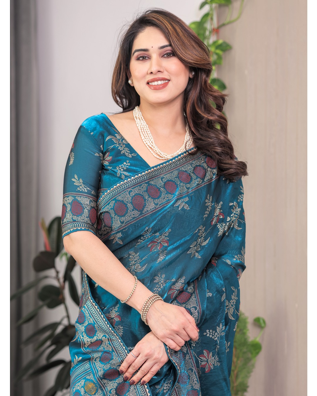 Fendi Satin Block & Foil Print Saree with Floral Motifs, Attached Blouse & Tassel Pallu (Pack of 1)