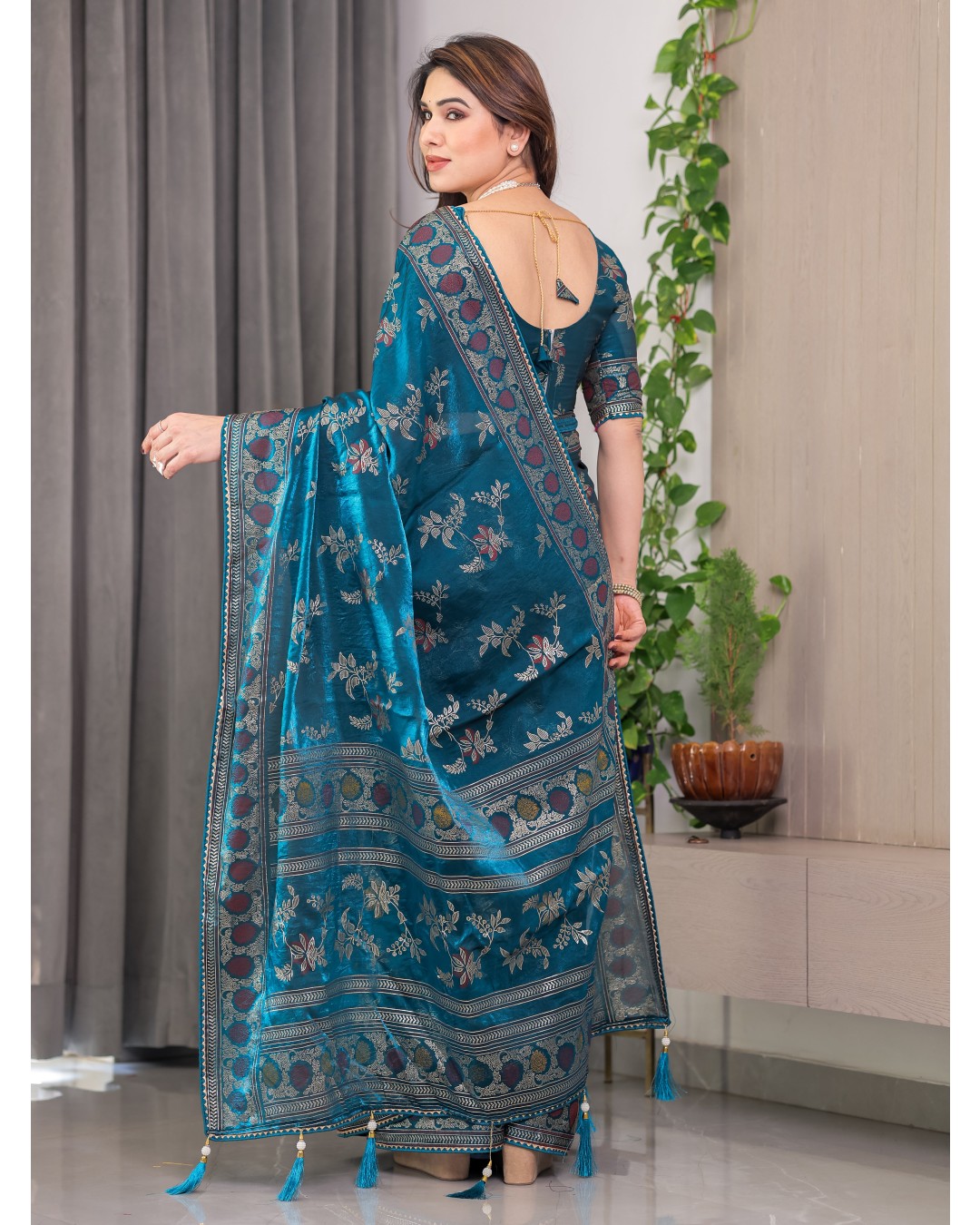 Fendi Satin Block & Foil Print Saree with Floral Motifs, Attached Blouse & Tassel Pallu (Pack of 1)