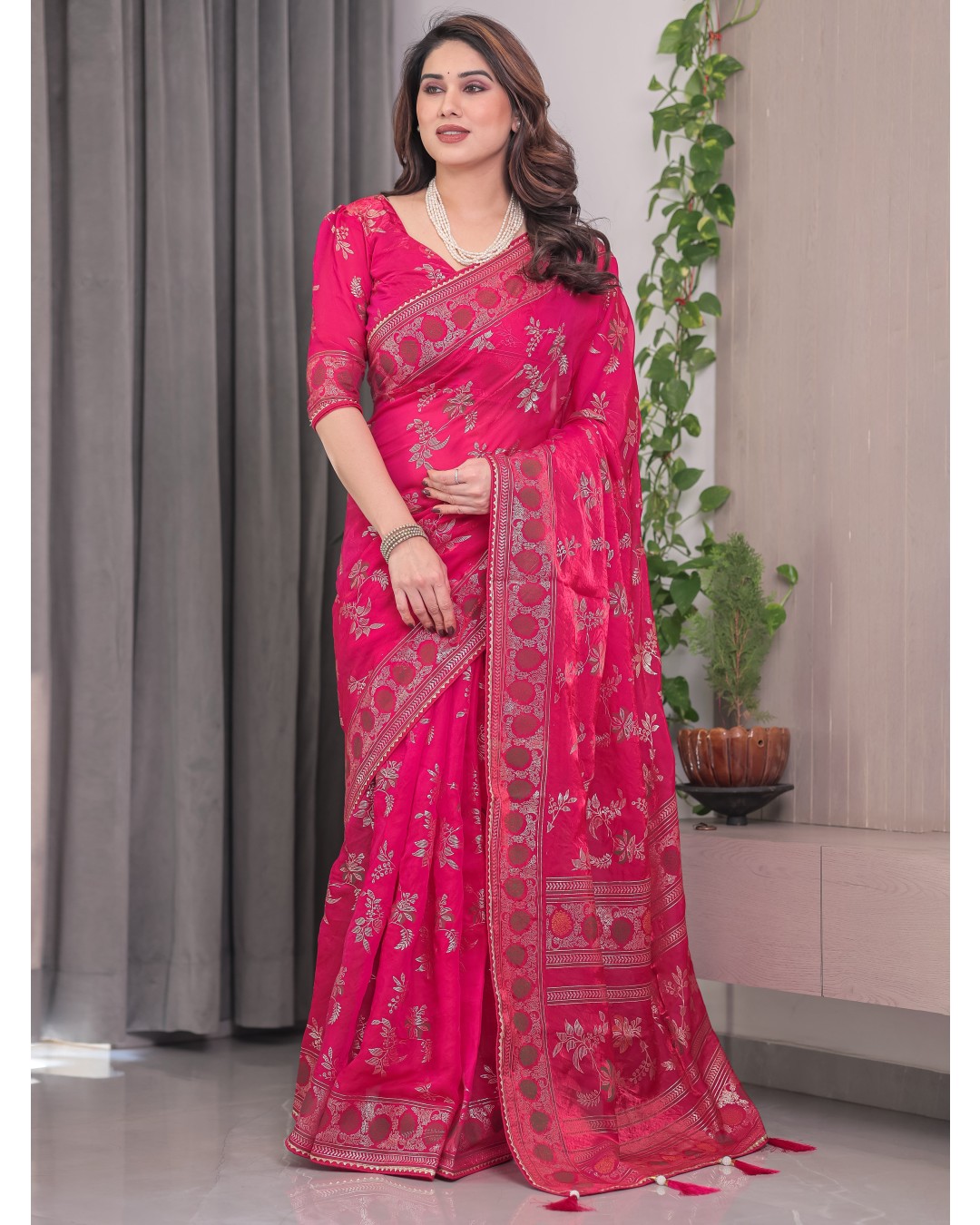 Fendi Satin Block & Foil Print Saree with Floral Motifs, Attached Blouse & Tassel Pallu (Pack of 1)