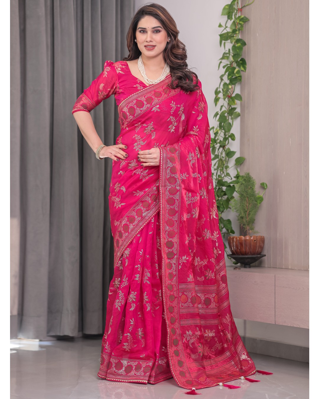 Fendi Satin Block & Foil Print Saree with Floral Motifs, Attached Blouse & Tassel Pallu (Pack of 1)