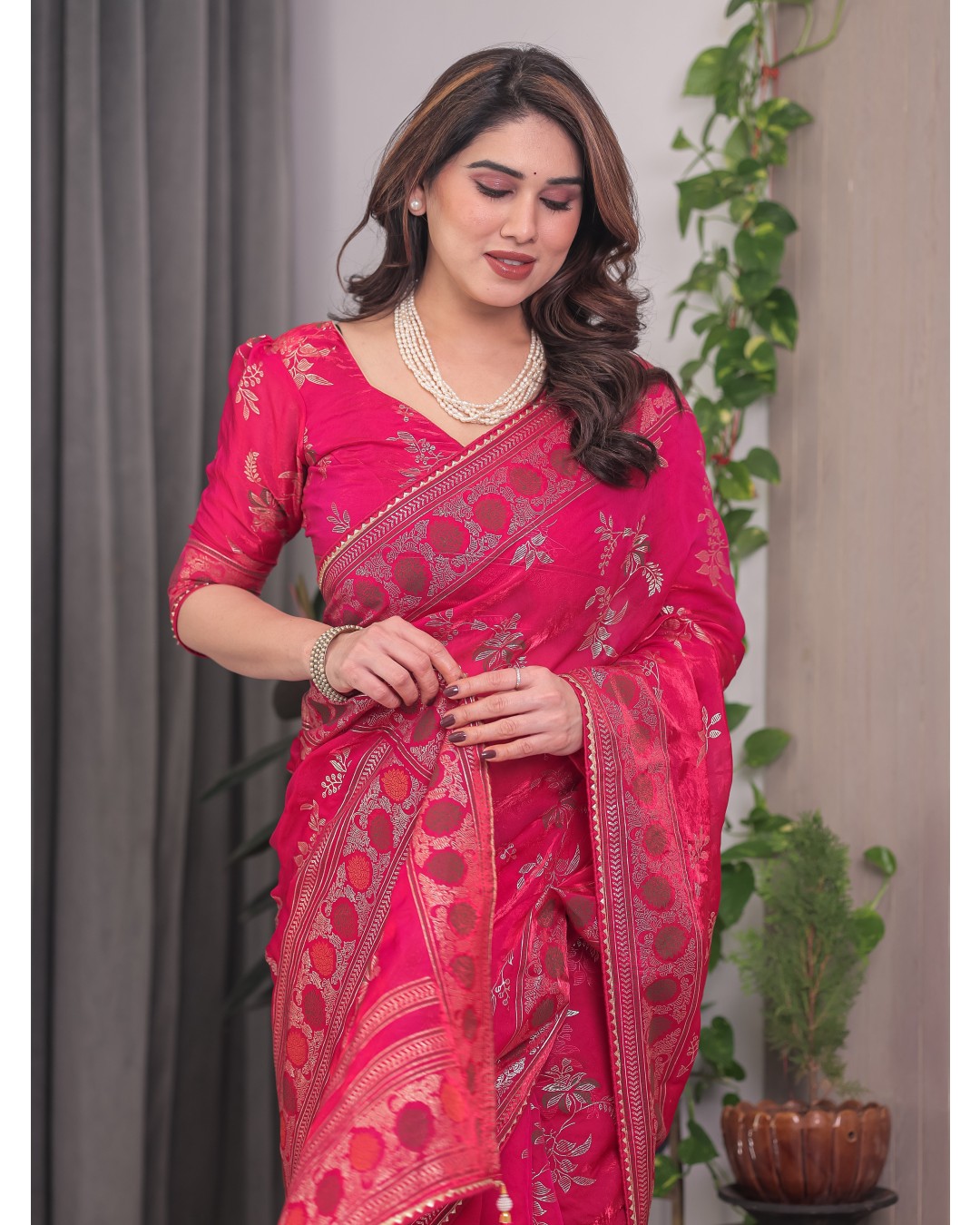 Fendi Satin Block & Foil Print Saree with Floral Motifs, Attached Blouse & Tassel Pallu (Pack of 1)