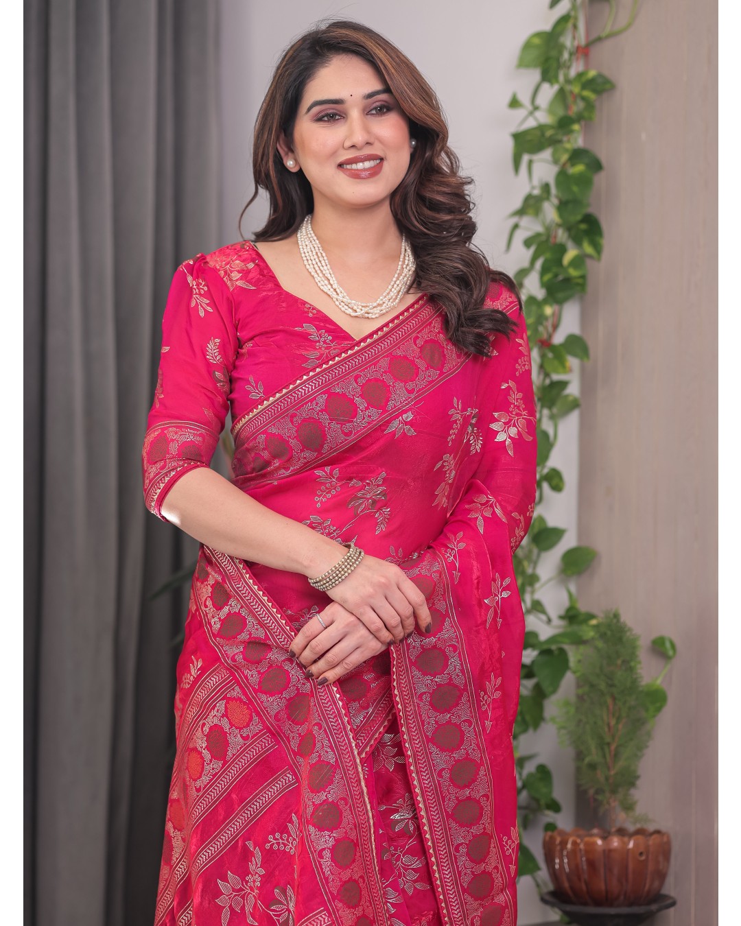 Fendi Satin Block & Foil Print Saree with Floral Motifs, Attached Blouse & Tassel Pallu (Pack of 1)