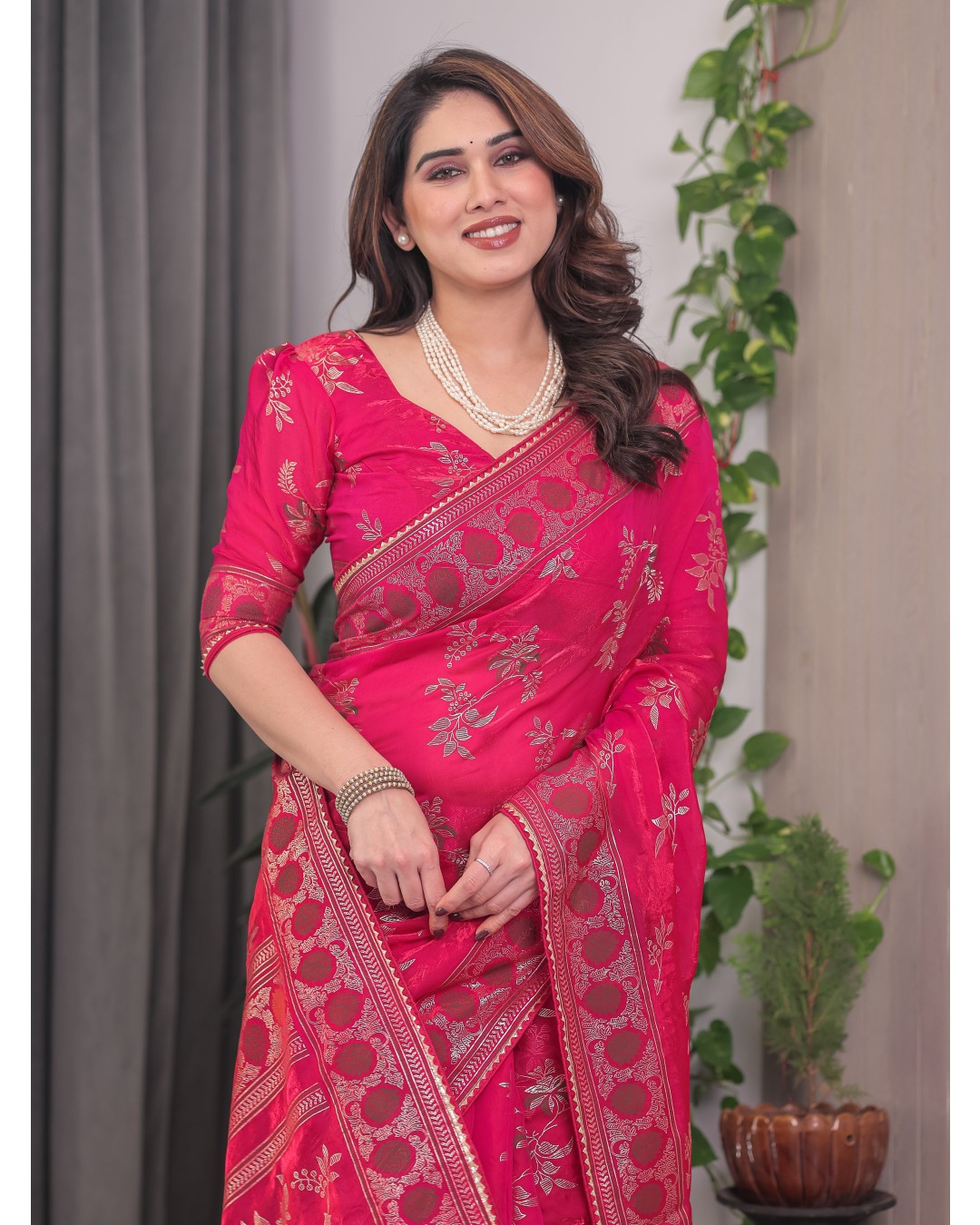 Fendi Satin Block & Foil Print Saree with Floral Motifs, Attached Blouse & Tassel Pallu (Pack of 1)