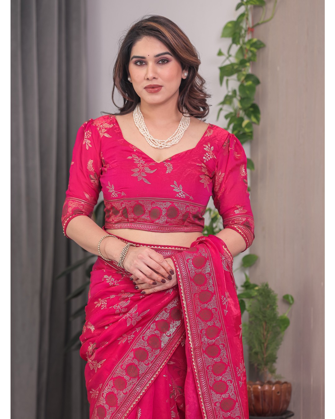 Fendi Satin Block & Foil Print Saree with Floral Motifs, Attached Blouse & Tassel Pallu (Pack of 1)