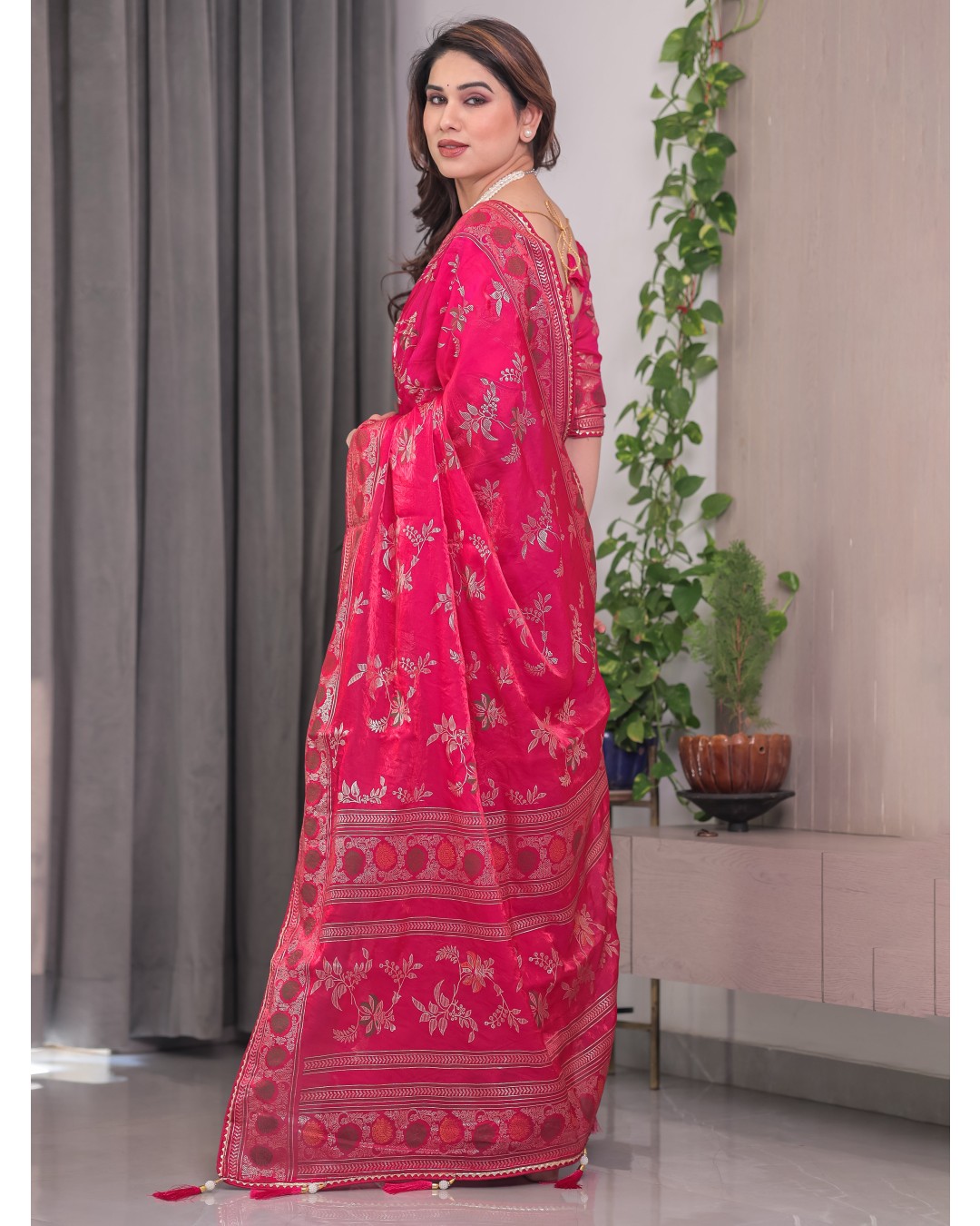 Fendi Satin Block & Foil Print Saree with Floral Motifs, Attached Blouse & Tassel Pallu (Pack of 1)