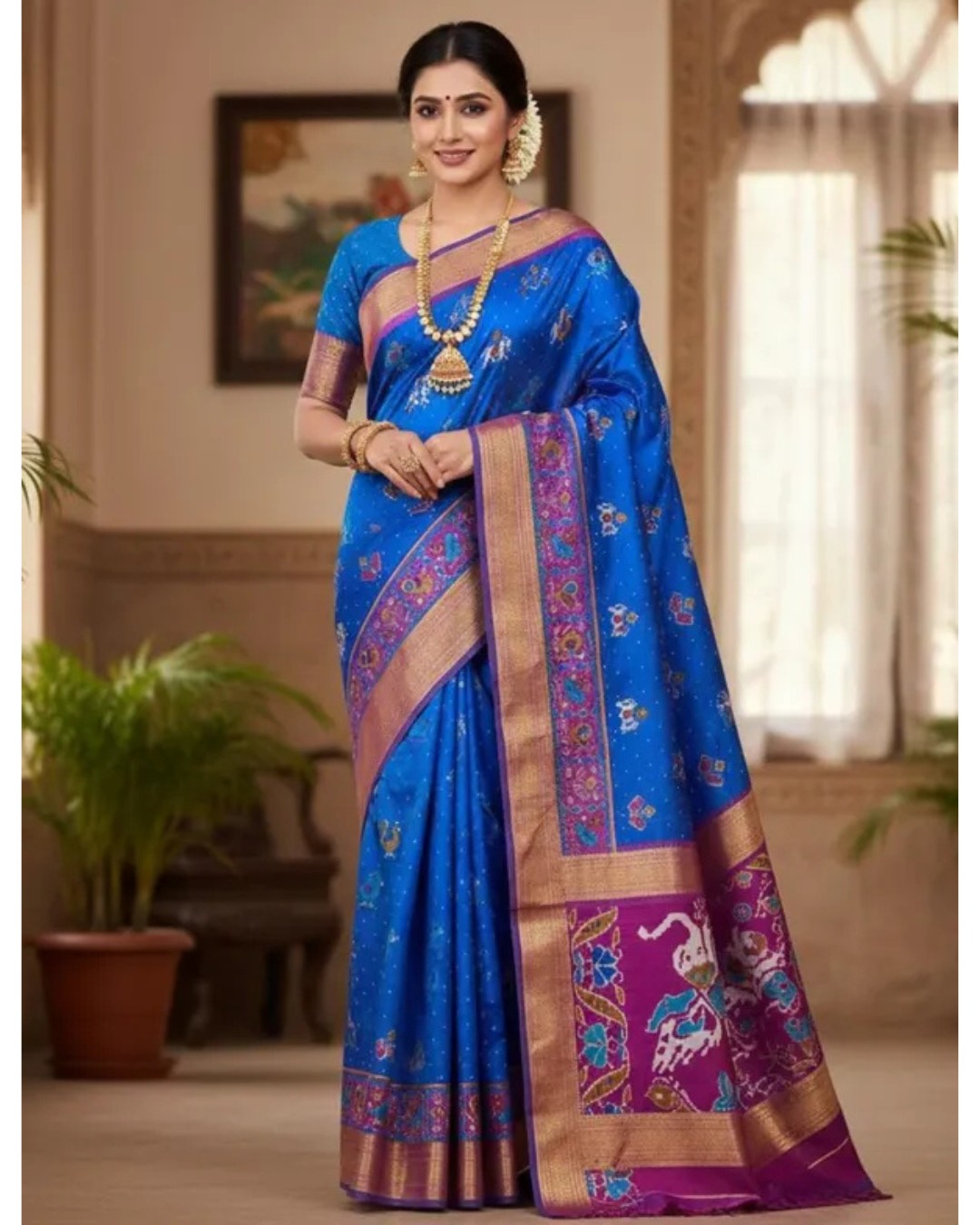 Women's Premium Royal Blue Patola Silk with Unstitched BP (Pack of 1)