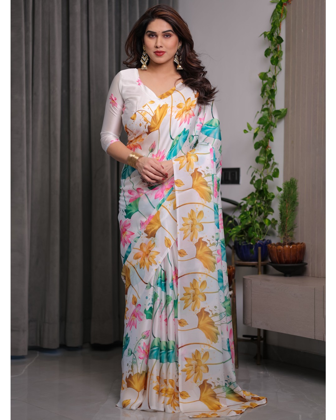 Satin Georgette Floral Printed Saree with Attached BP (Pack of 1)