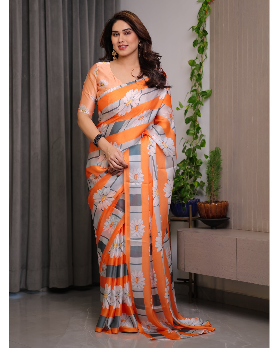 Satin Georgette Floral Printed Saree with Attached BP (Pack of 1)