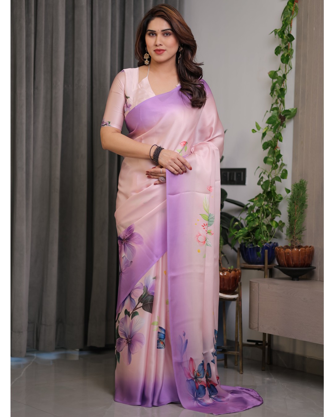 Satin Georgette Floral Printed Saree with Attached BP (Pack of 1)