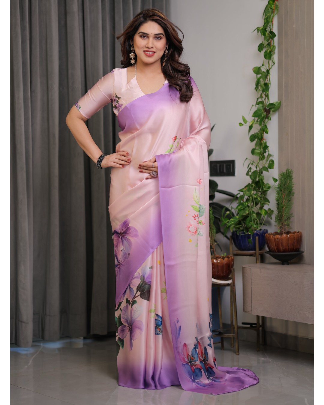 Satin Georgette Floral Printed Saree with Attached BP (Pack of 1)