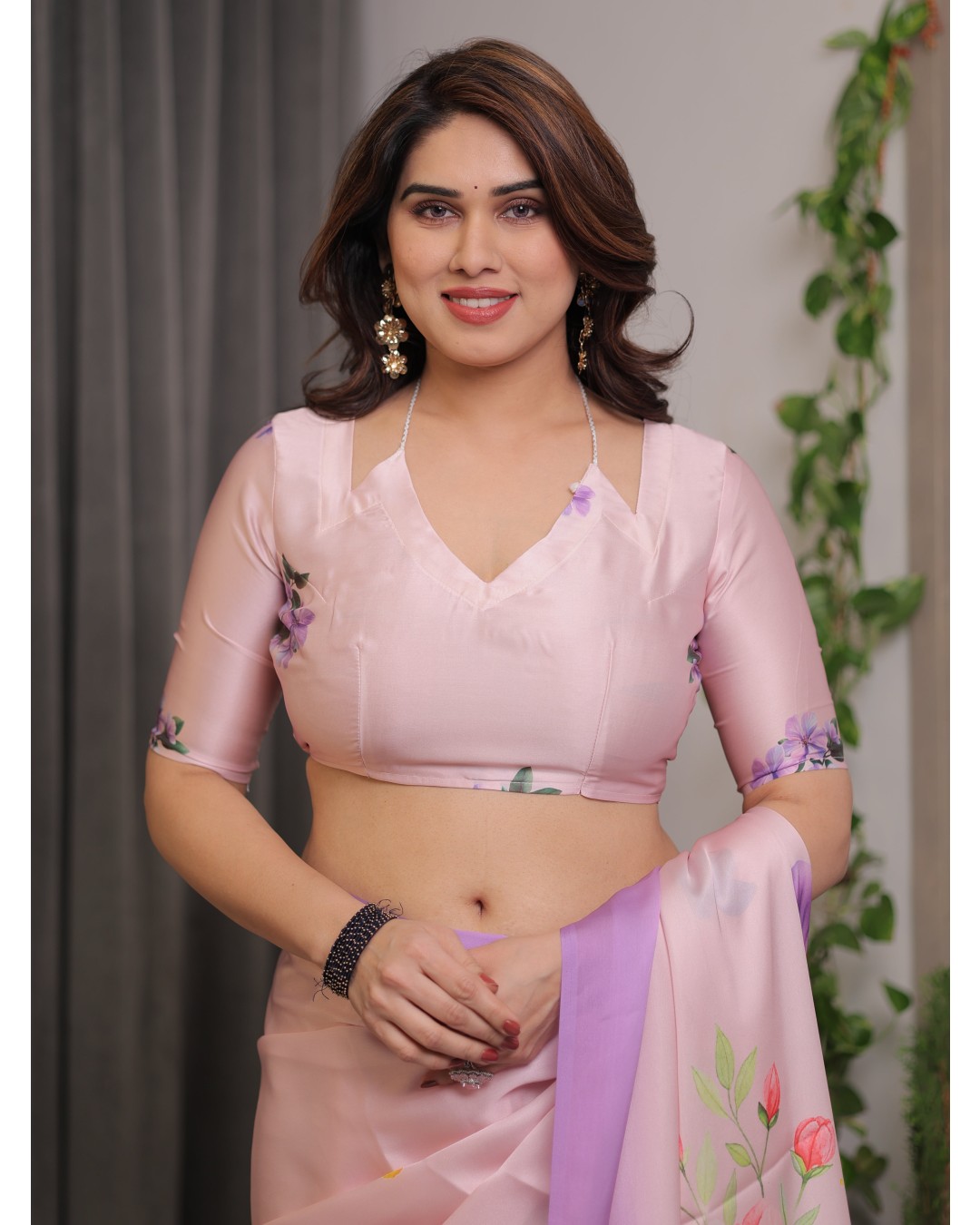 Satin Georgette Floral Printed Saree with Attached BP (Pack of 1)