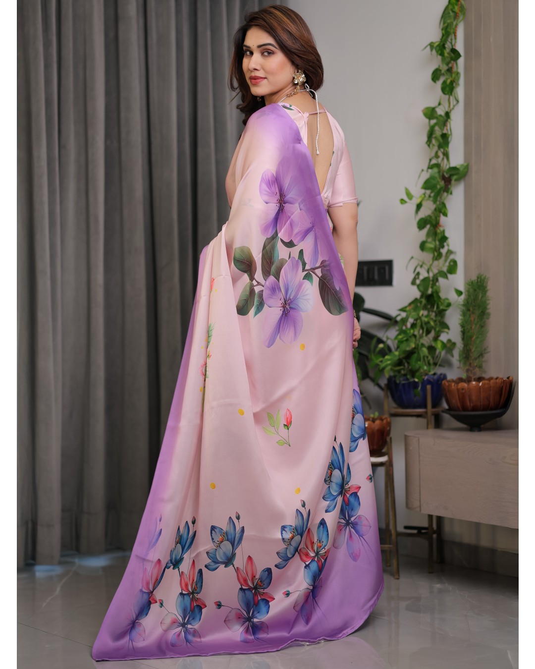 Satin Georgette Floral Printed Saree with Attached BP (Pack of 1)