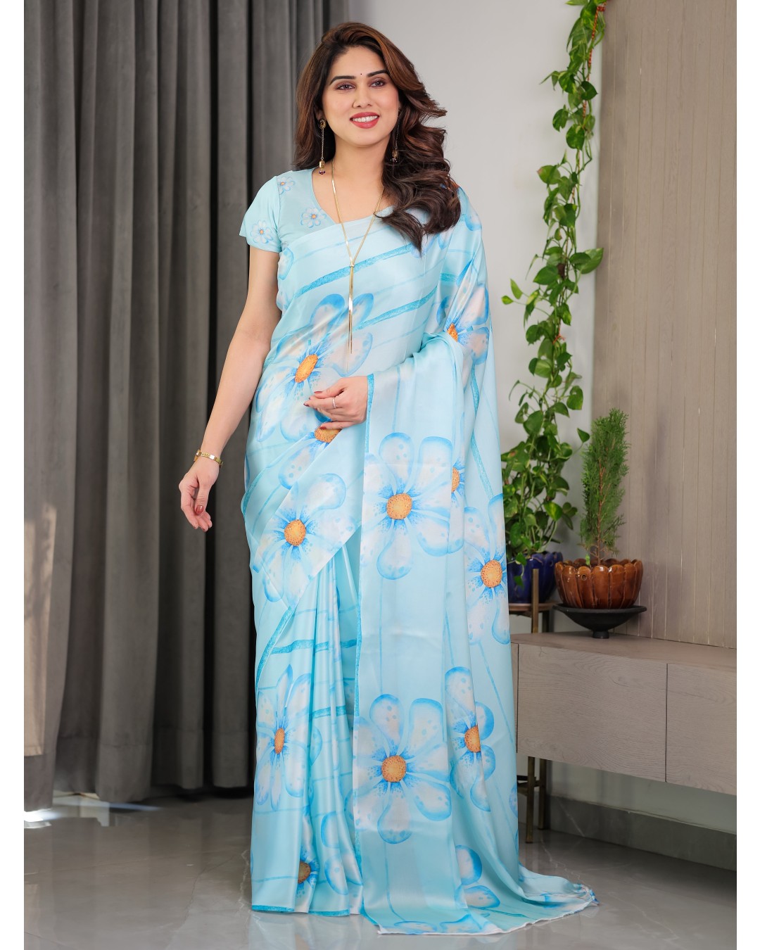 Satin Georgette Floral Printed Saree with Attached BP (Pack of 1)