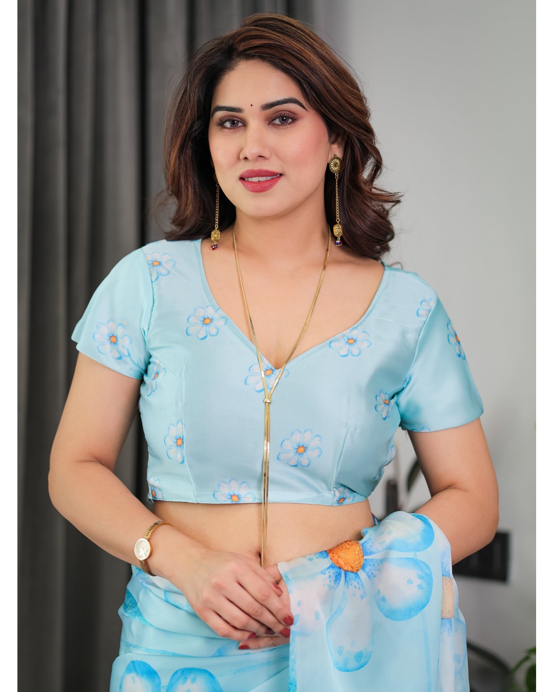 Satin Georgette Floral Printed Saree with Attached BP (Pack of 1)