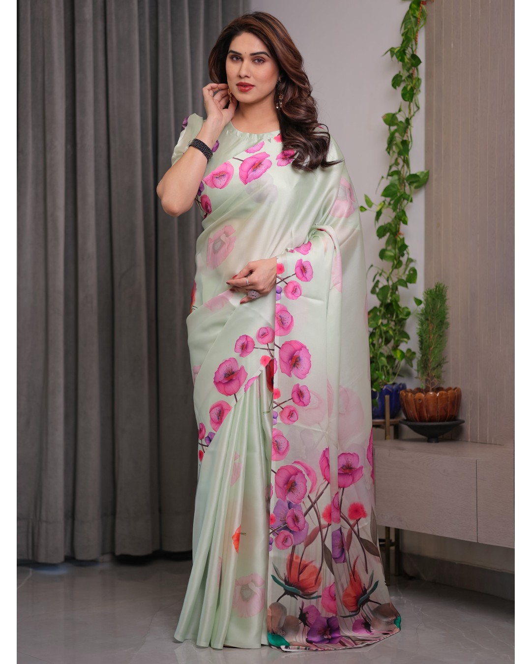 Satin Georgette Floral Printed Saree with Attached BP (Pack of 1)