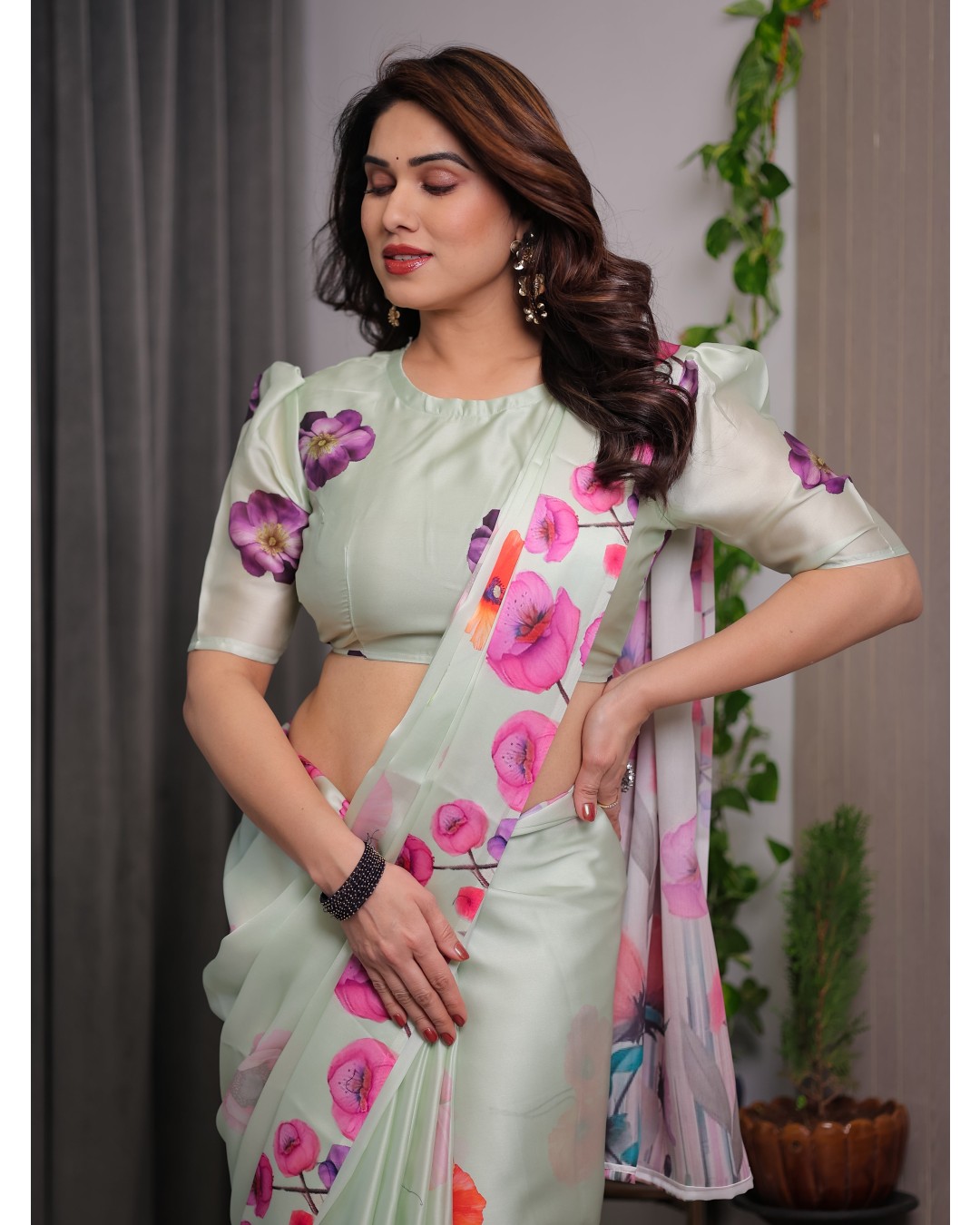 Satin Georgette Floral Printed Saree with Attached BP (Pack of 1)