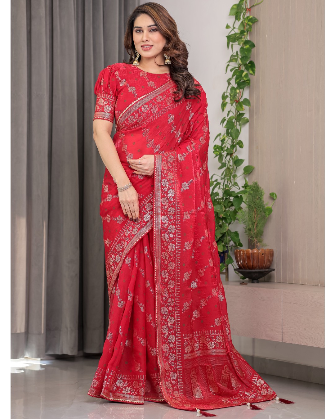 Fendi Satin Block & Foil Print Saree with Attached BP (Pack of 1)