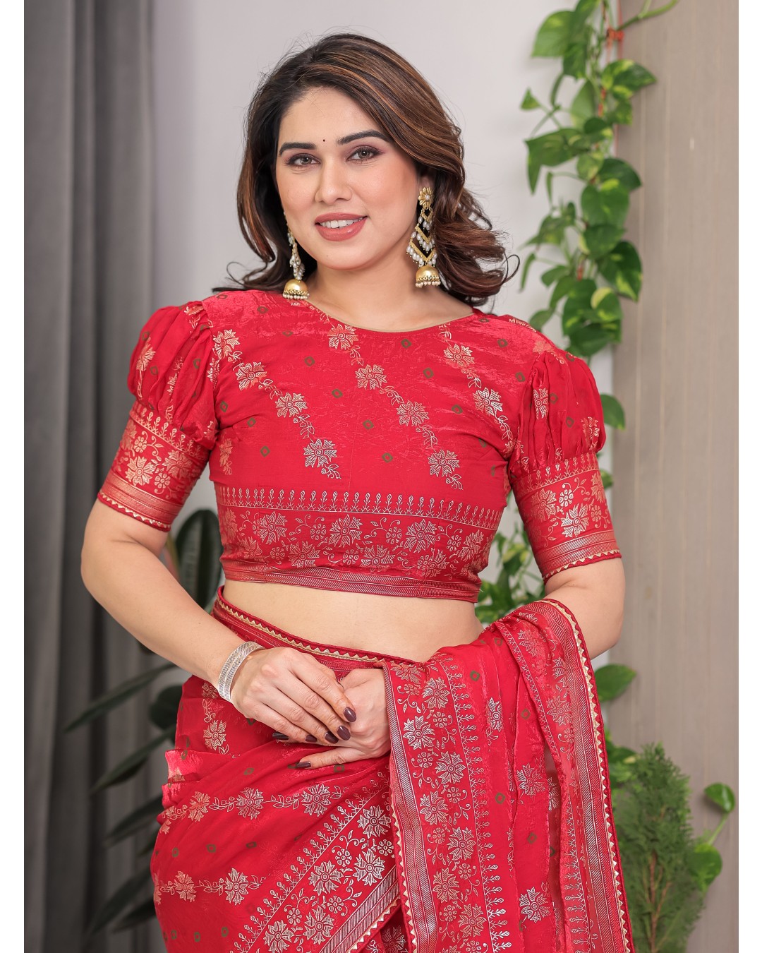 Fendi Satin Block & Foil Print Saree with Attached BP (Pack of 1)