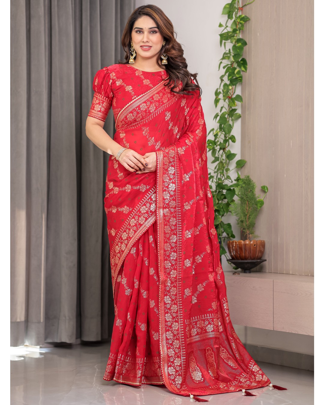 Fendi Satin Block & Foil Print Saree with Attached BP (Pack of 1)