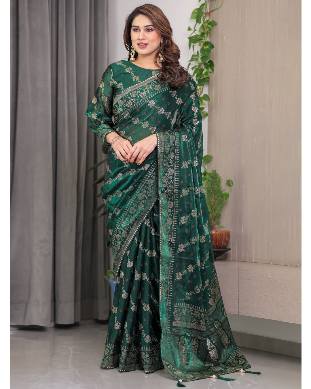 Fendi Satin Block & Foil Print Saree with Attached BP (Pack of 1)