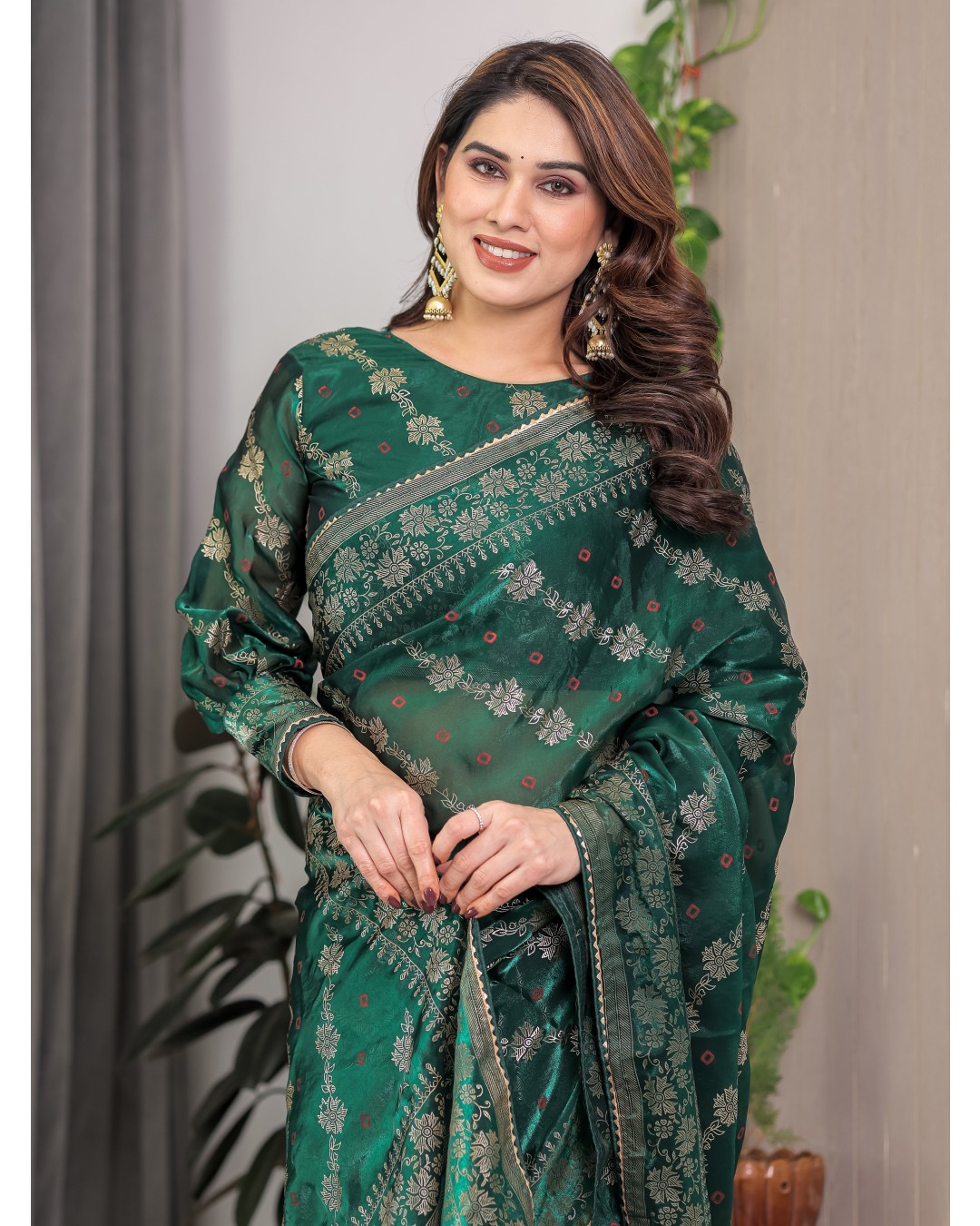 Fendi Satin Block & Foil Print Saree with Attached BP (Pack of 1)