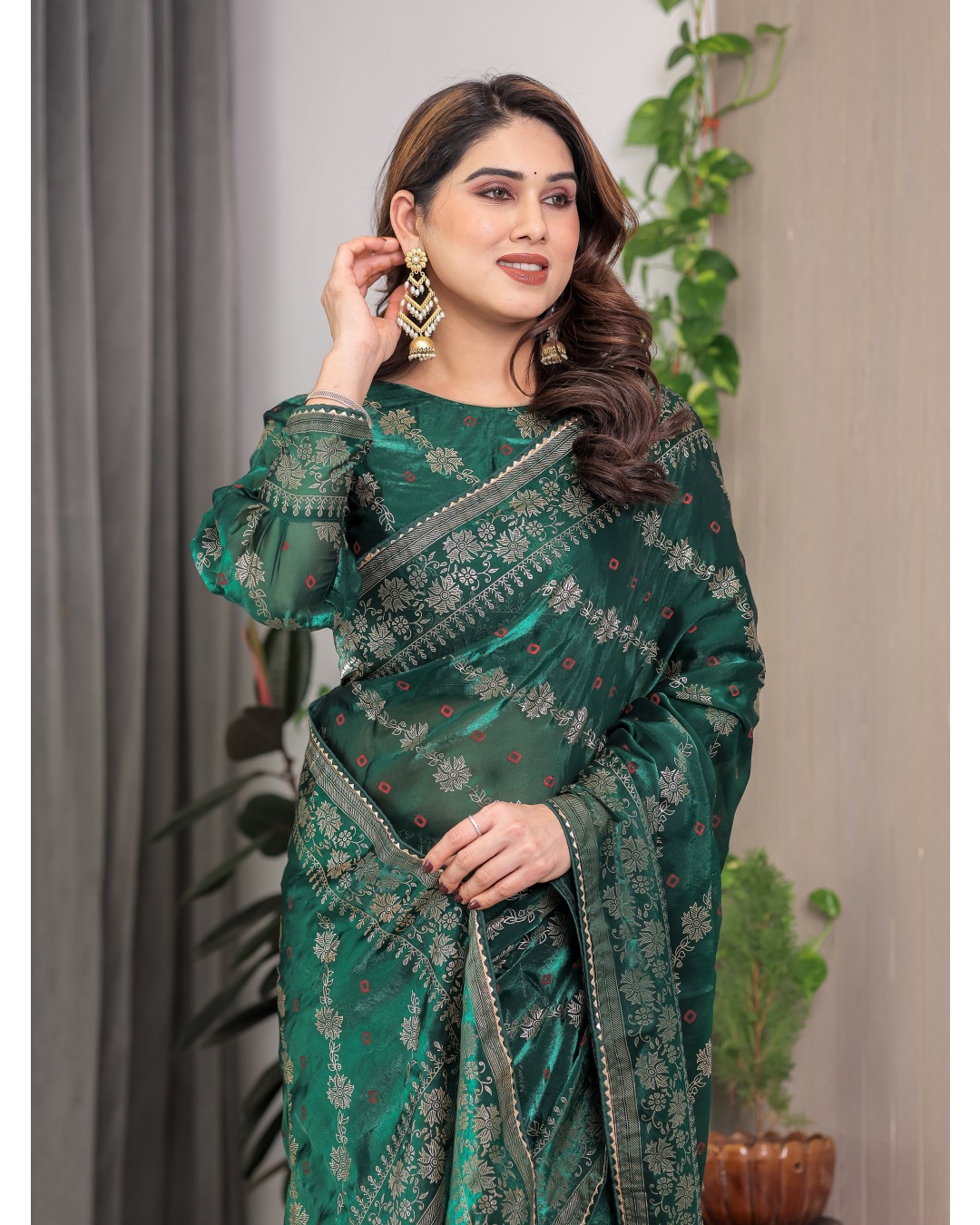 Fendi Satin Block & Foil Print Saree with Attached BP (Pack of 1)