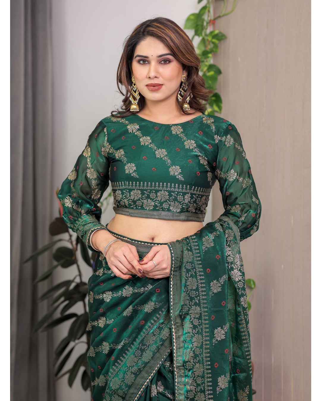 Fendi Satin Block & Foil Print Saree with Attached BP (Pack of 1)