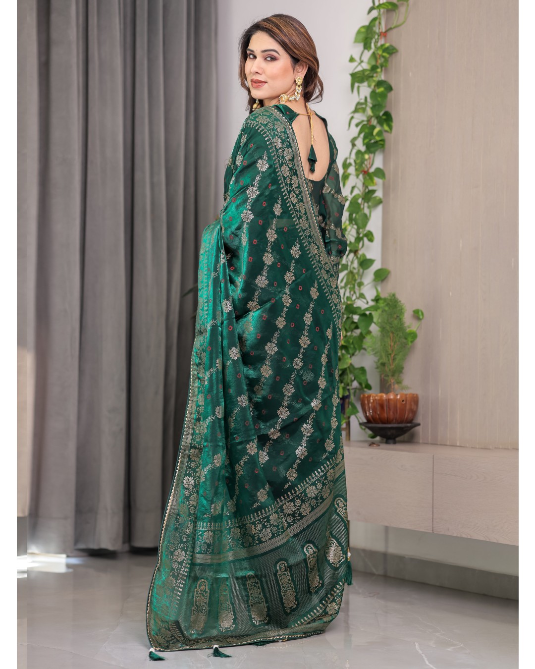 Fendi Satin Block & Foil Print Saree with Attached BP (Pack of 1)