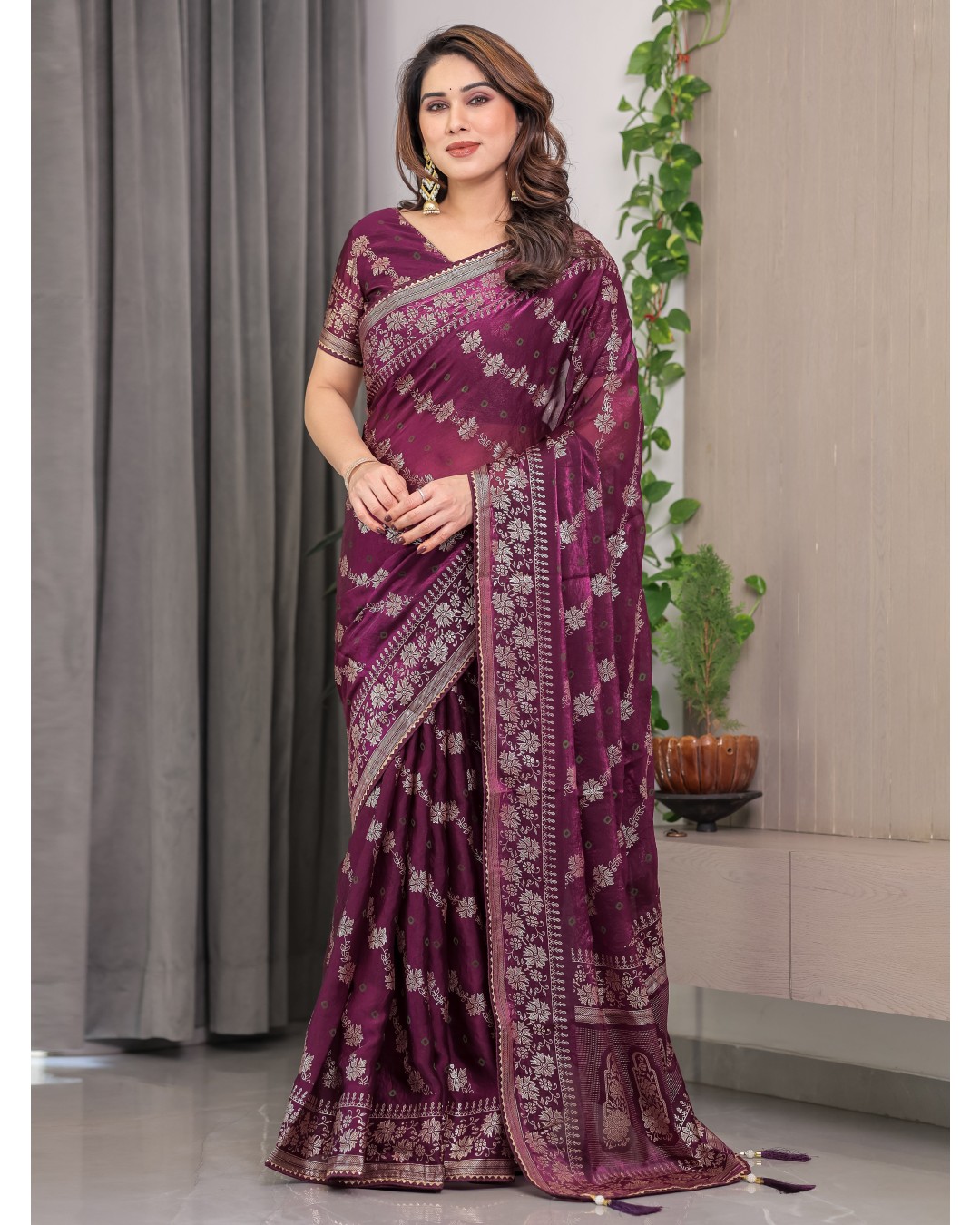 Fendi Satin Block & Foil Print Saree with Attached BP (Pack of 1)