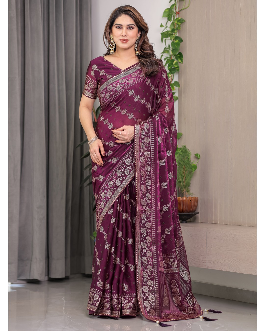 Fendi Satin Block & Foil Print Saree with Attached BP (Pack of 1)