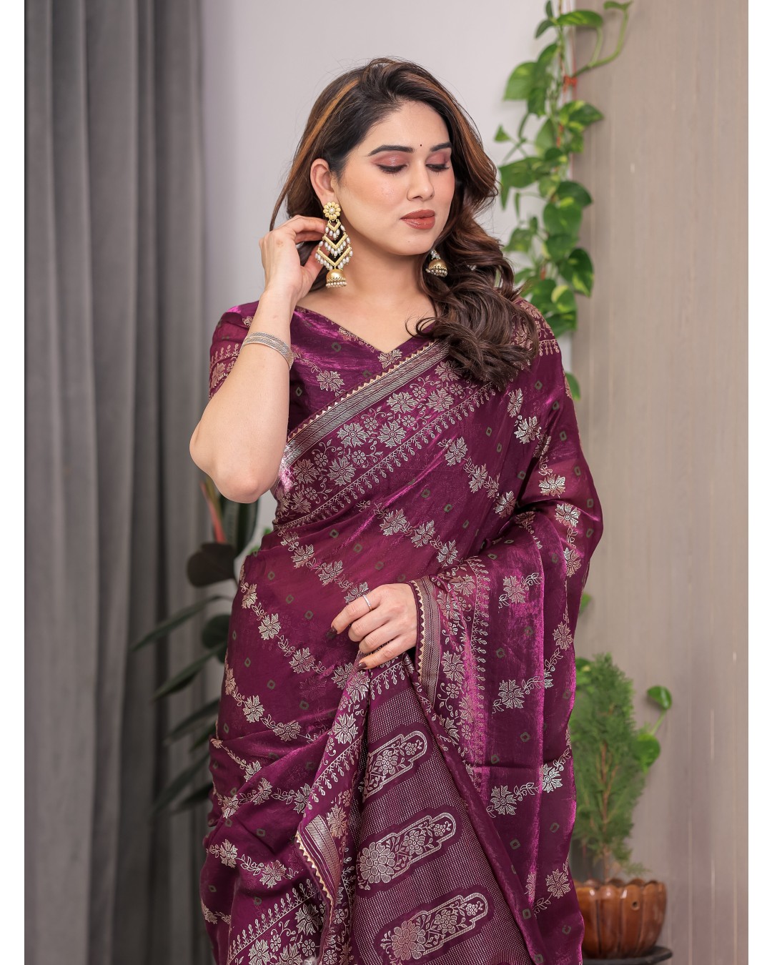 Fendi Satin Block & Foil Print Saree with Attached BP (Pack of 1)