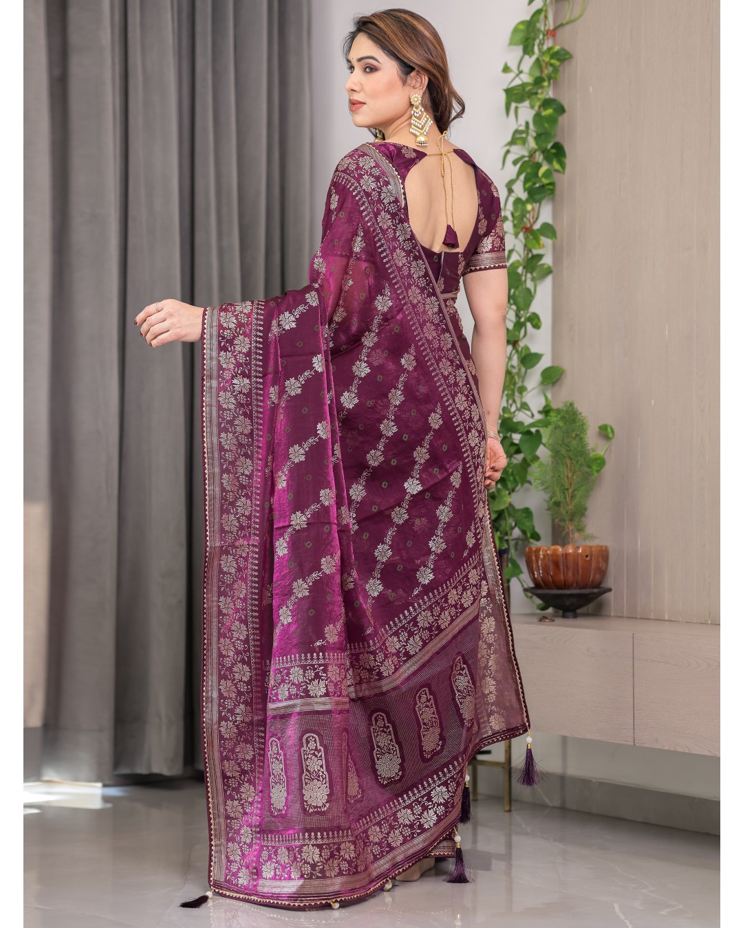 Fendi Satin Block & Foil Print Saree with Attached BP (Pack of 1)