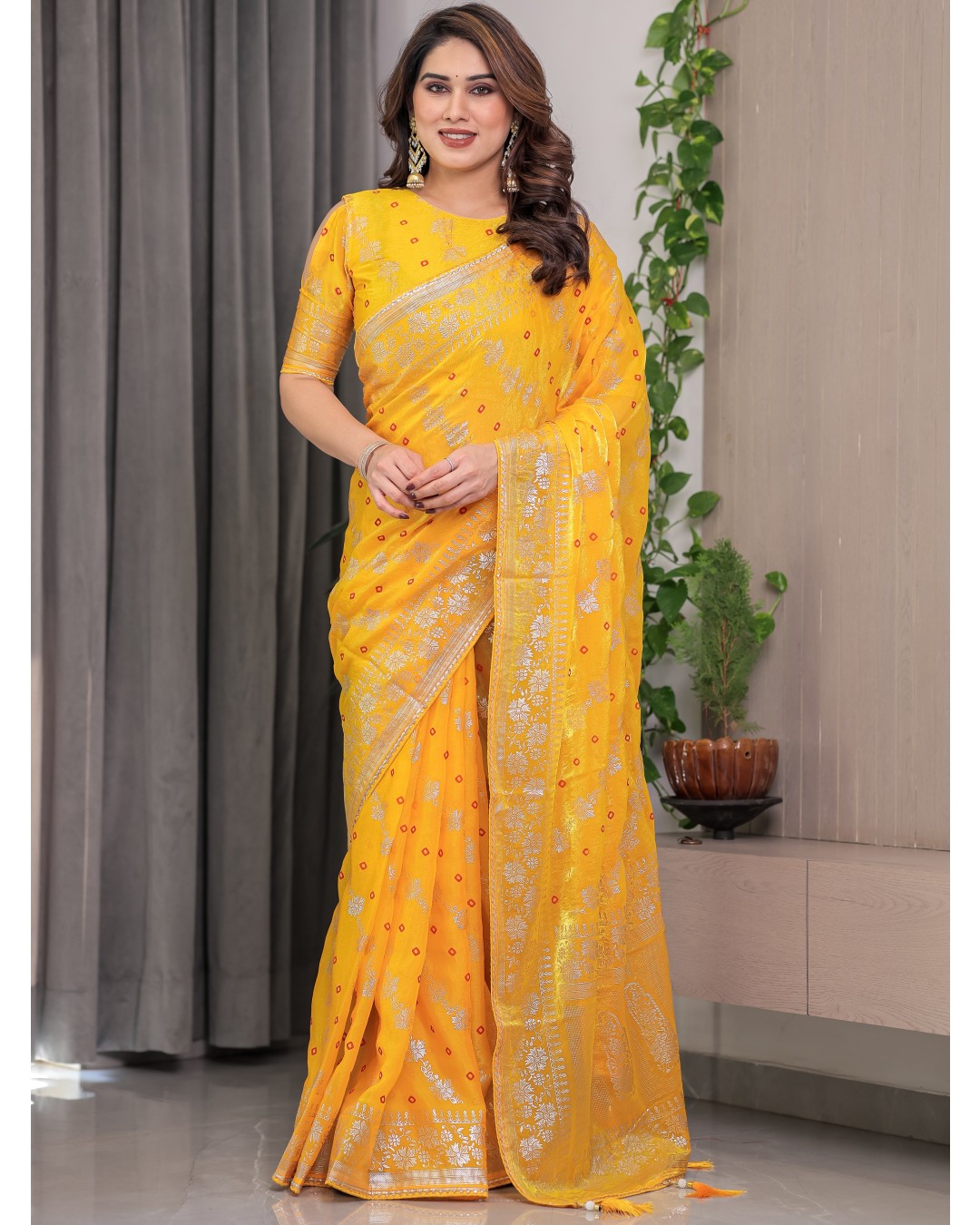 Fendi Satin Block & Foil Print Saree with Attached BP (Pack of 1)