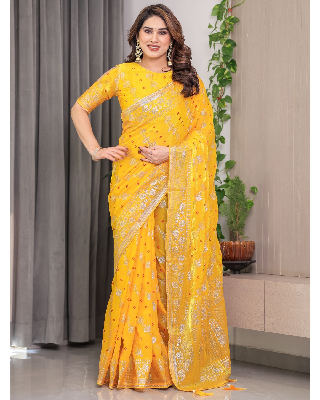 Fendi Satin Block & Foil Print Saree with Attached BP (Pack of 1)