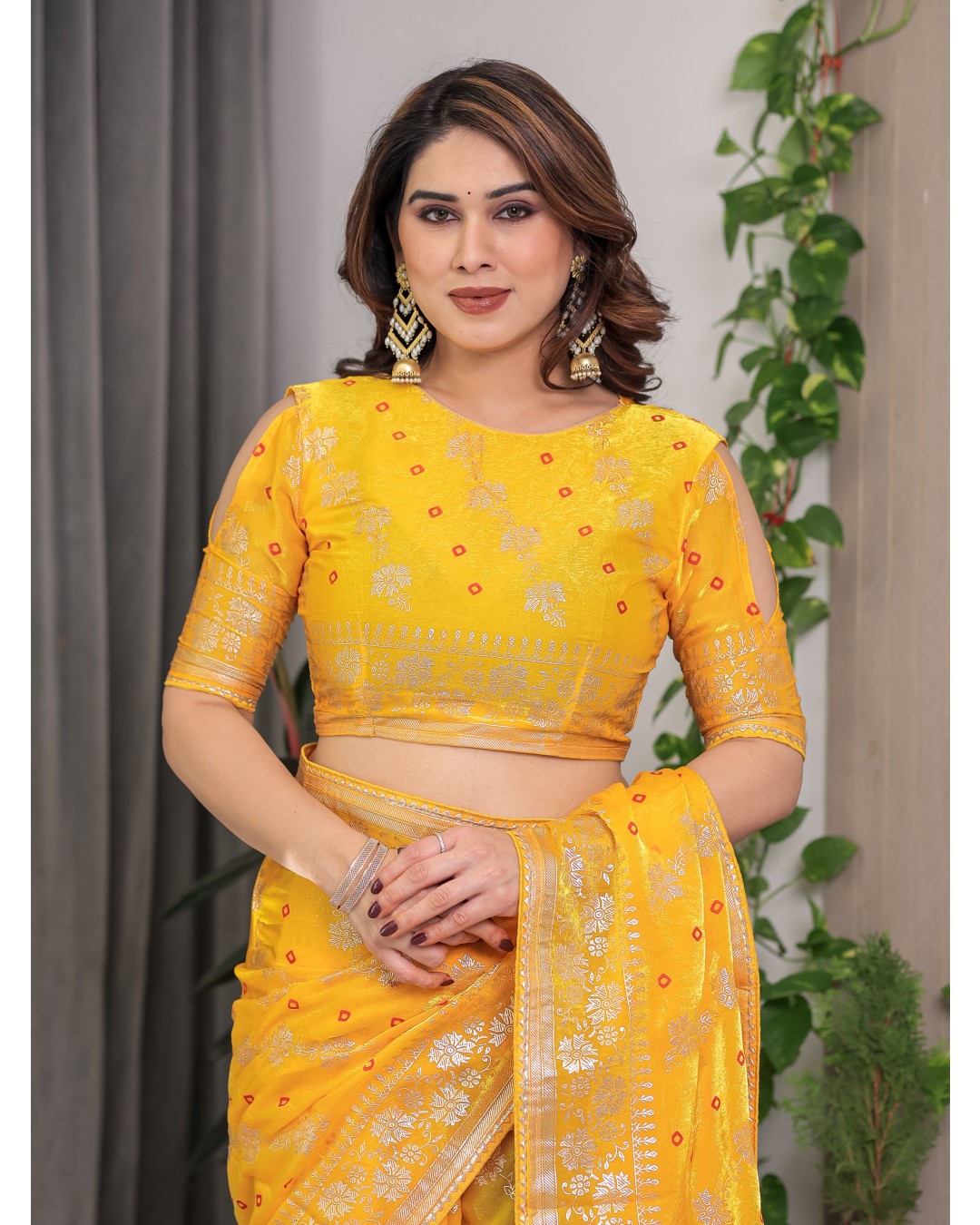 Fendi Satin Block & Foil Print Saree with Attached BP (Pack of 1)