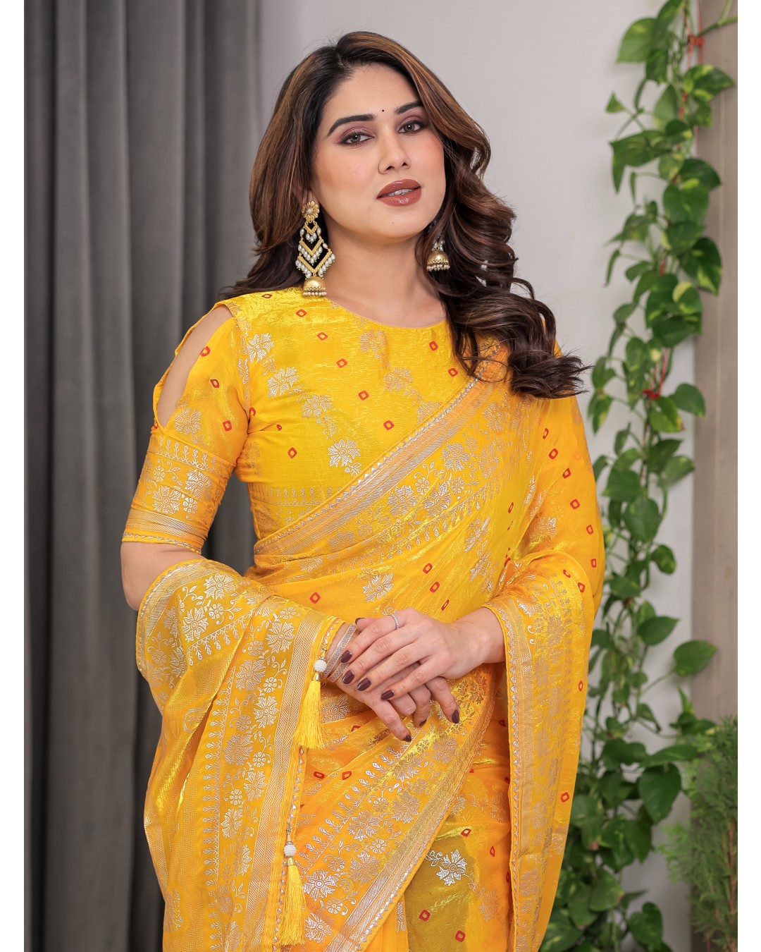 Fendi Satin Block & Foil Print Saree with Attached BP (Pack of 1)