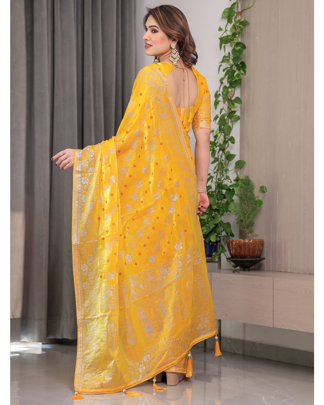 Fendi Satin Block & Foil Print Saree with Attached BP (Pack of 1)