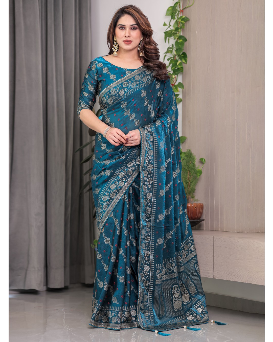 Fendi Satin Block & Foil Print Saree with Attached BP (Pack of 1)