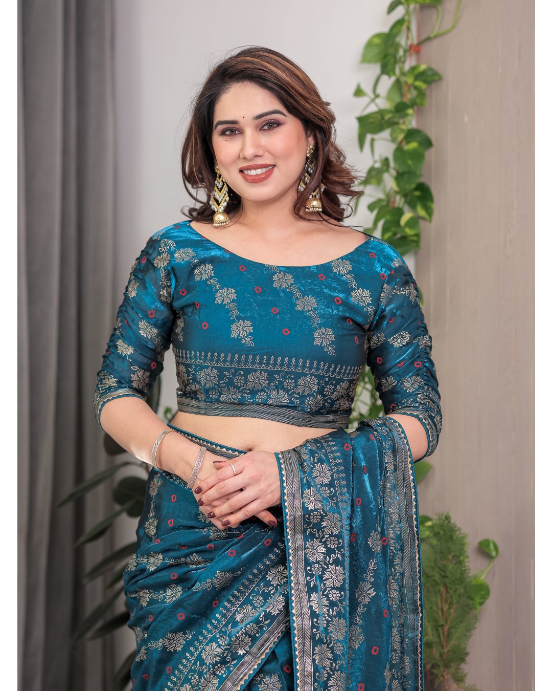 Fendi Satin Block & Foil Print Saree with Attached BP (Pack of 1)