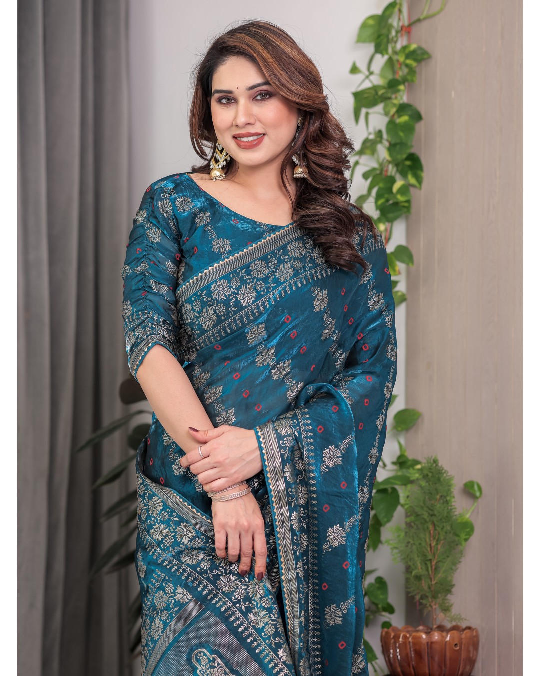 Fendi Satin Block & Foil Print Saree with Attached BP (Pack of 1)