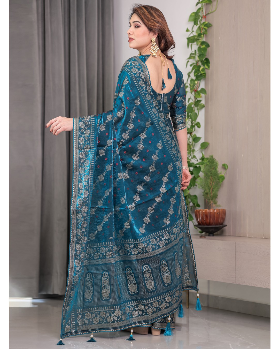 Fendi Satin Block & Foil Print Saree with Attached BP (Pack of 1)