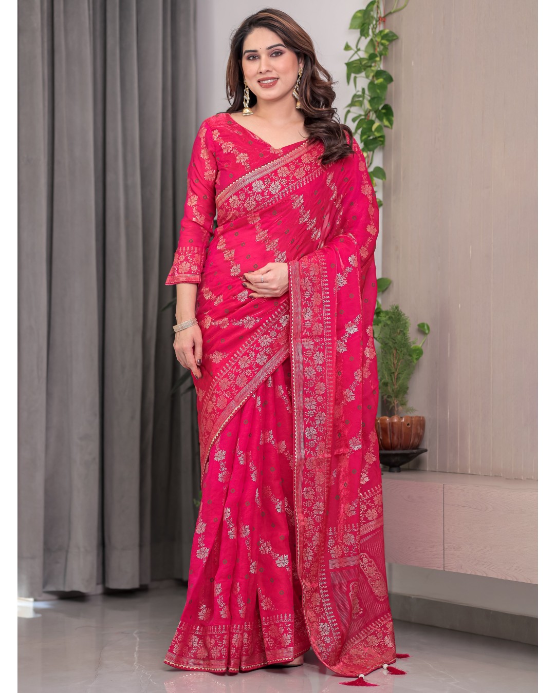 Fendi Satin Block & Foil Print Saree with Attached BP (Pack of 1)