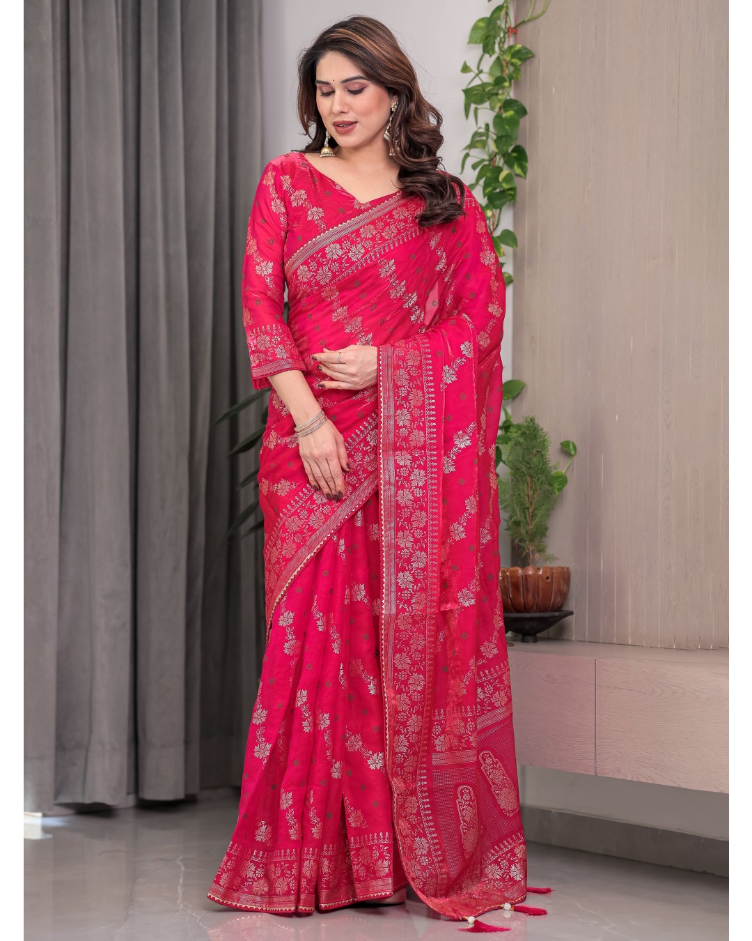 Fendi Satin Block & Foil Print Saree with Attached BP (Pack of 1)