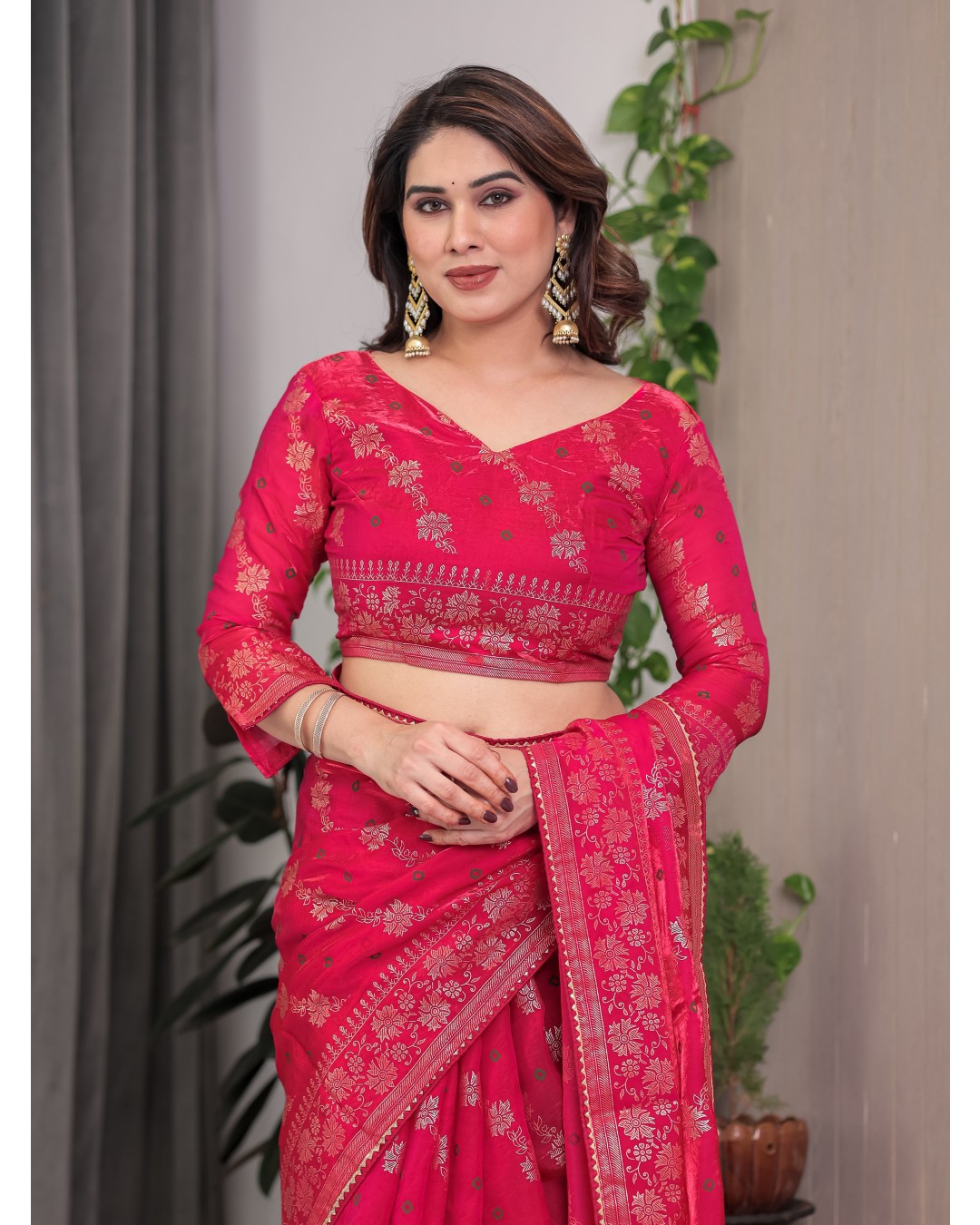 Fendi Satin Block & Foil Print Saree with Attached BP (Pack of 1)