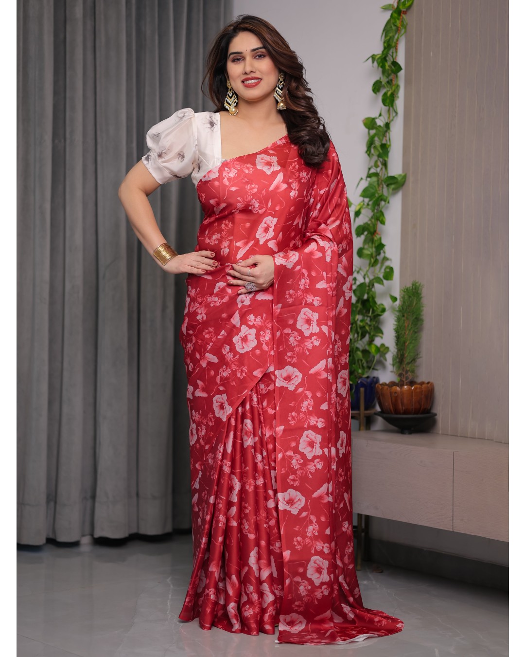 Satin Georgette Floral Printed Saree with Attached BP (Pack of 1)