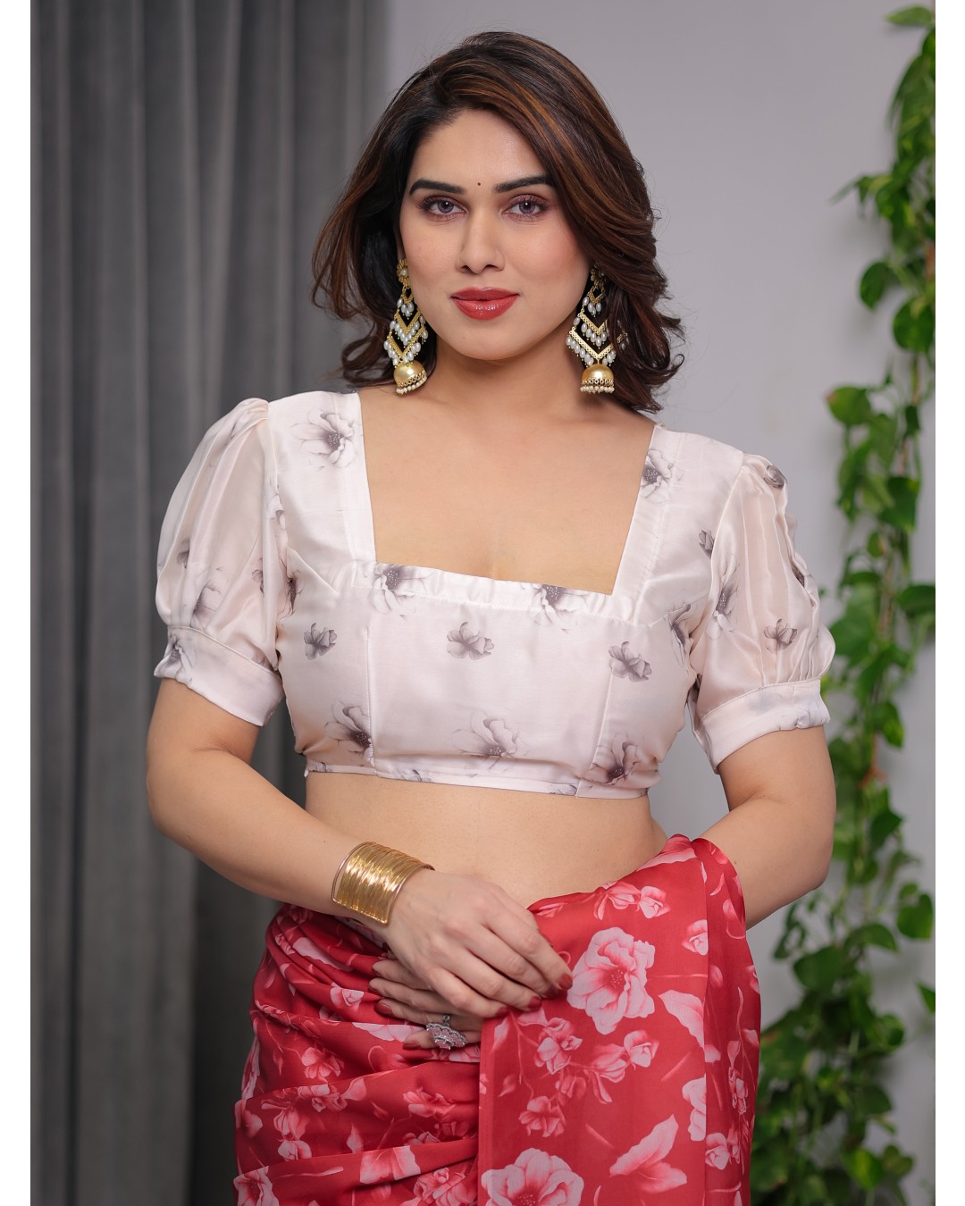 Satin Georgette Floral Printed Saree with Attached BP (Pack of 1)