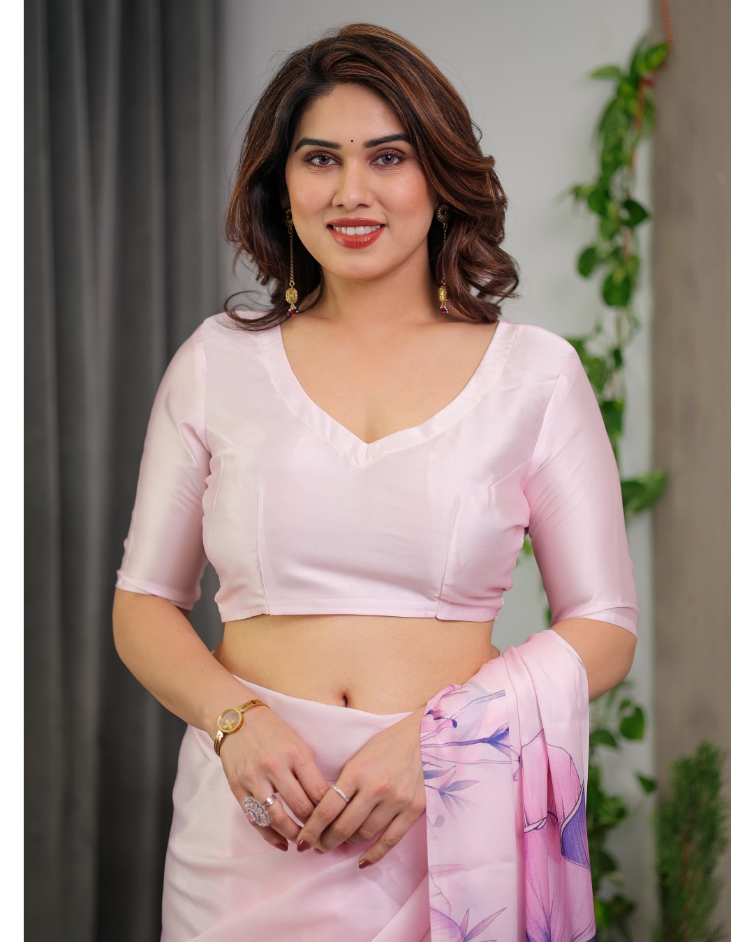 Satin Georgette Floral Printed Saree with Attached BP (Pack of 1)