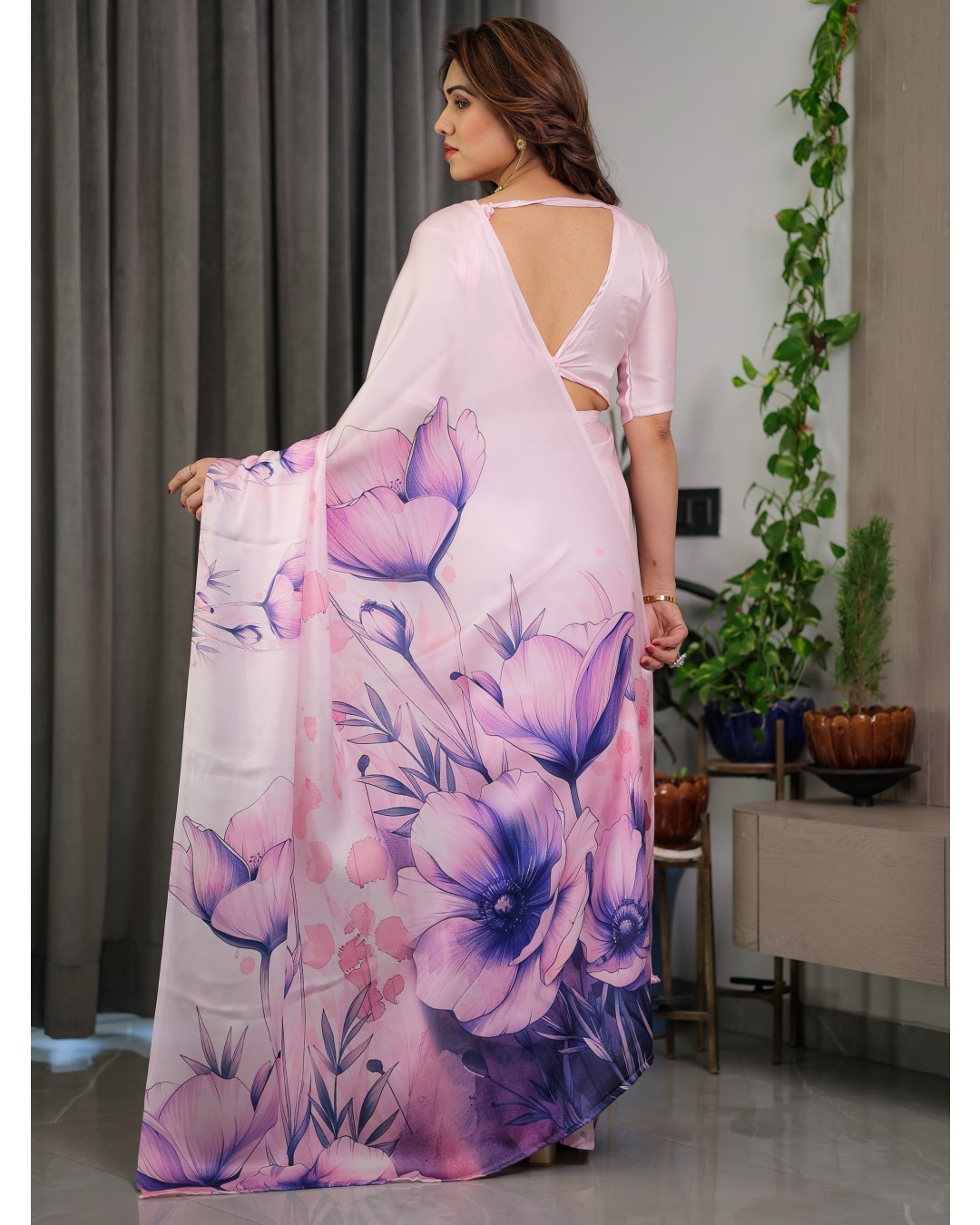 Satin Georgette Floral Printed Saree with Attached BP (Pack of 1)